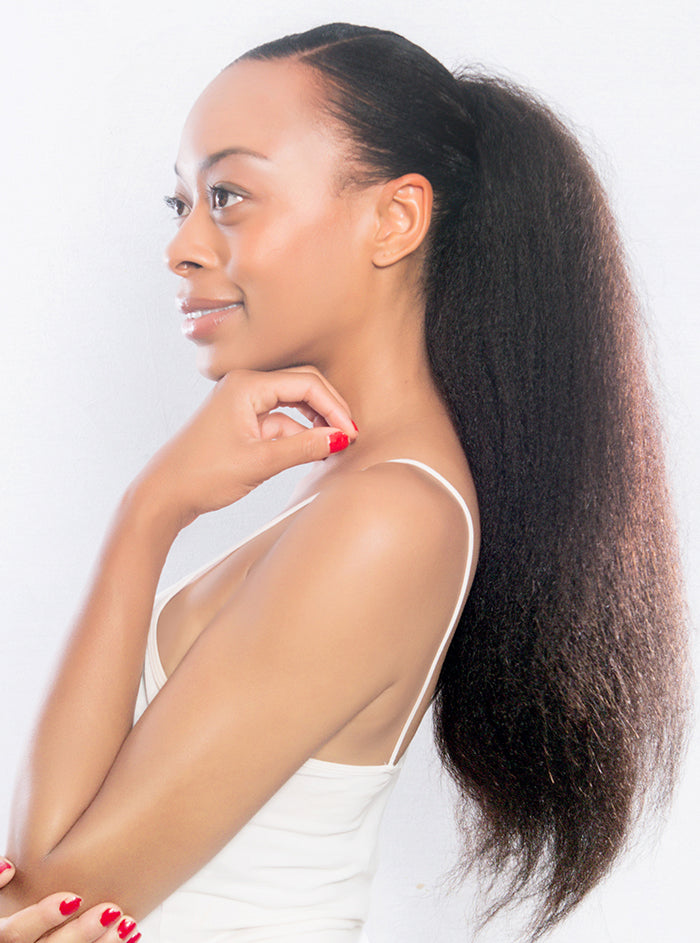 curly hair type, high ponytail with extensions